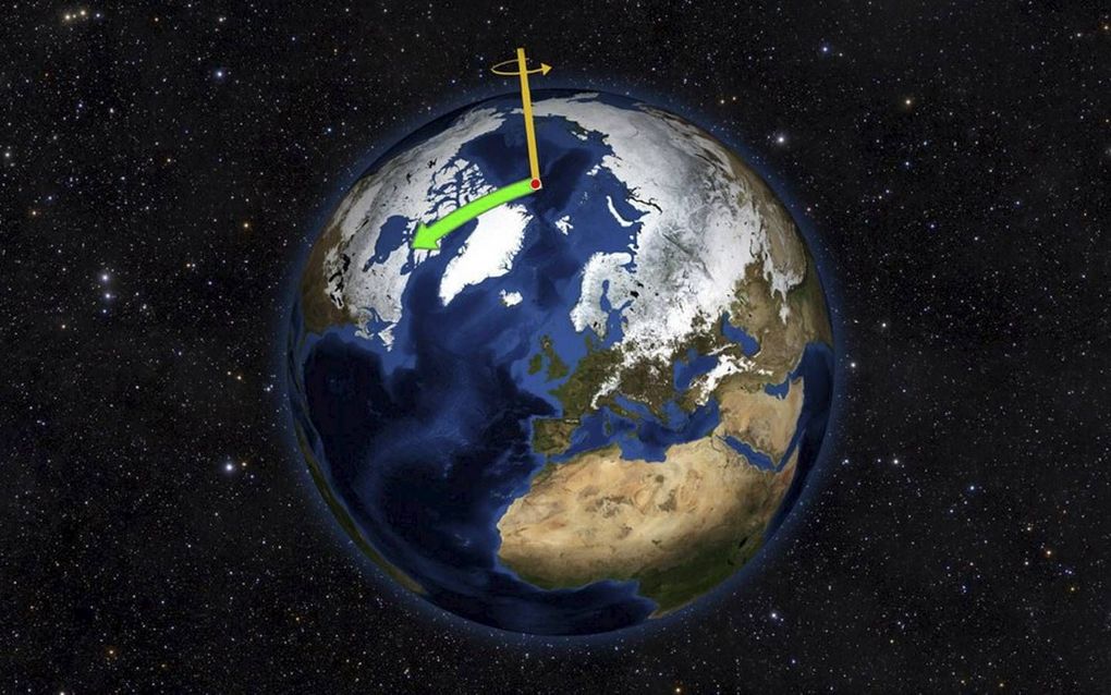 De geografische Noordpool verschuift richting Canada. beeld NASA-JPL