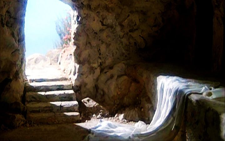 Op een schilderij is het geopende graf met daarin de linnen doeken geschilderd.