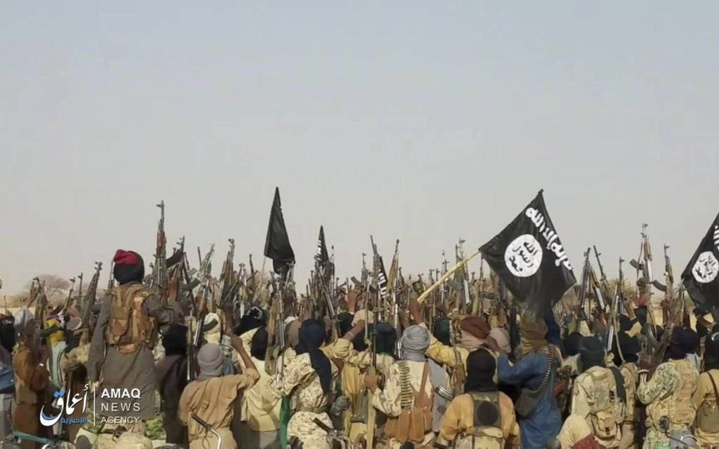 Een door IS vrijgegeven foto van jihadisten die op 16 mei dit jaar een gelukte aanslag op militairen in Niger vieren. beeld AFP, Aamaq News