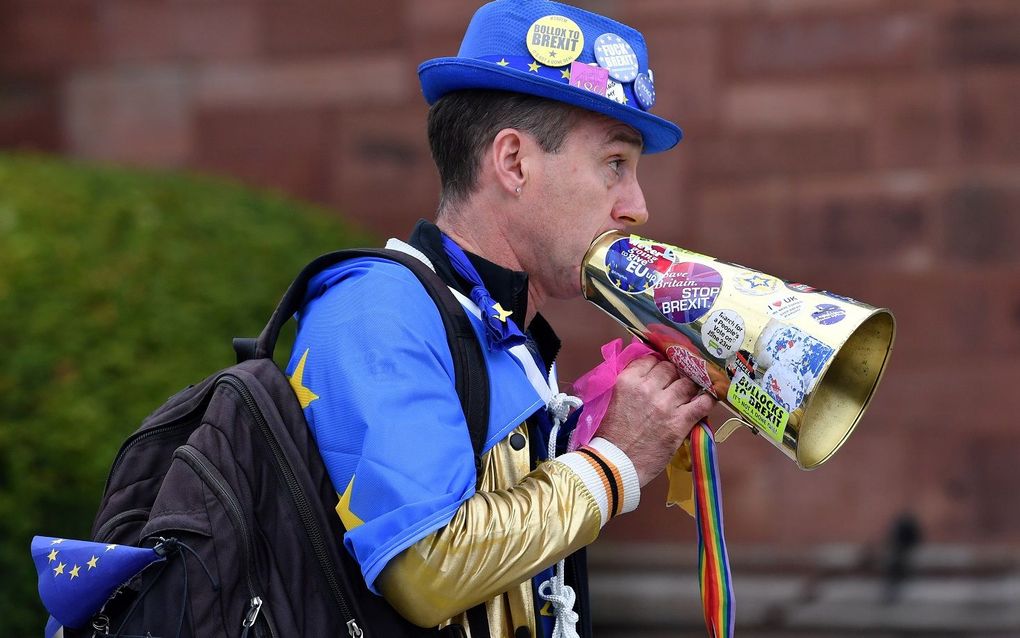 Een anti-Brexitdemonstrant met een toeter. beeld AFP