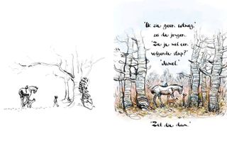 Twee snel geschetste plaatjes naast elkaar van een paard dat tussen enkele bomen staat. Ernaast loopt een vos en een jongen. Op de rug van het paard zit een mol. Het plaatje links is in zwart-wit, de tekening rechts heeft een beetje kleur.
