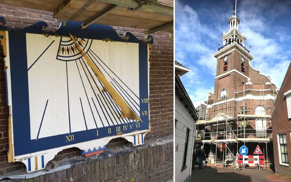 De kerktoren; links de zonnewijzer. beeld provincie Zuid-Holland