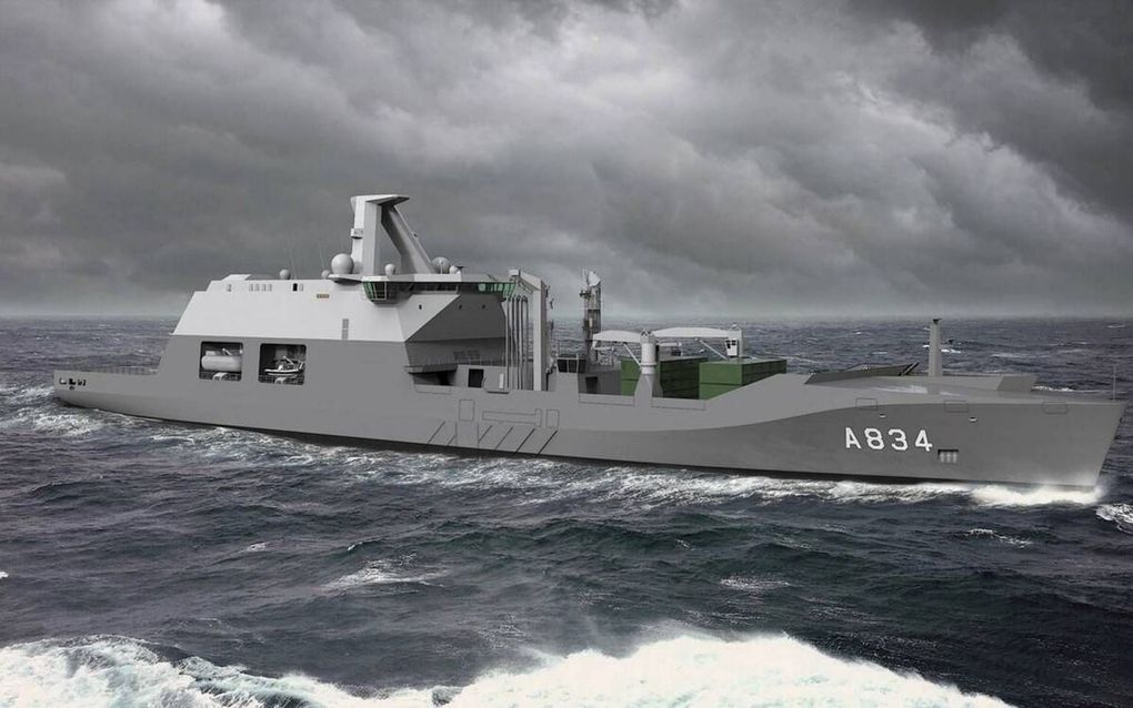 Een artist-impression van Zr.Ms. Den Helder, een nieuw bevoorradingsschip van de marine.  beeld Defensie