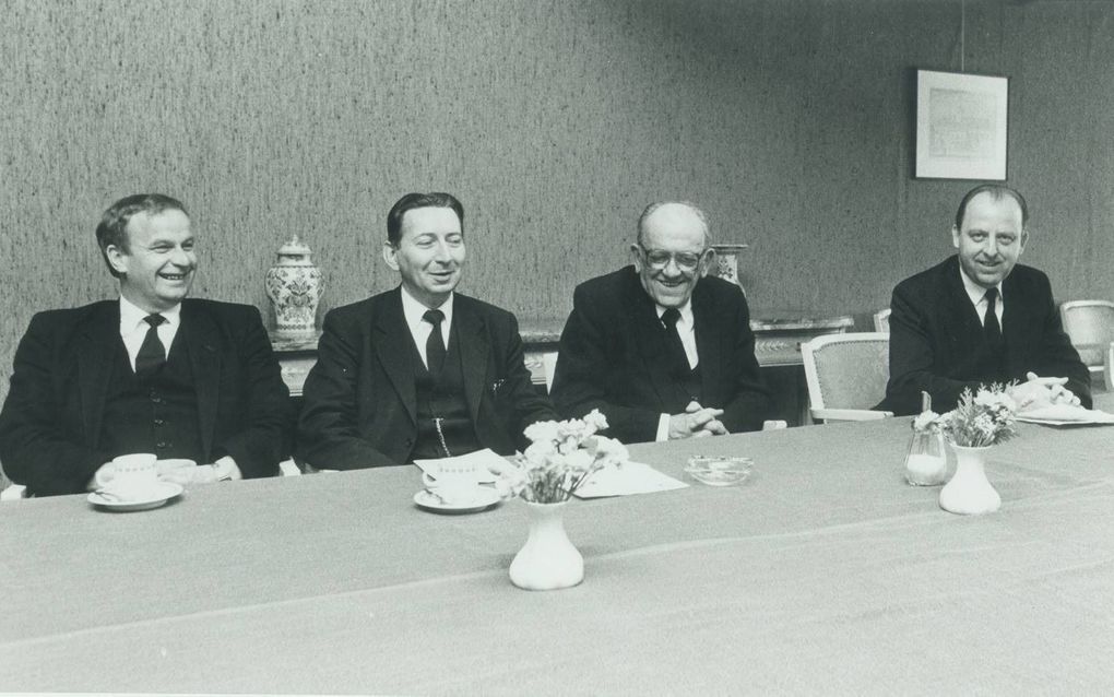 De oprichters van het Reformatorisch Dagblad: ds. D. J. Budding, ds. L. H. Oosten, ds. G. den Boer, ds. J. Veenendaal, september 1986. Ze maakten deel uit van de Stichting Reformatorische Publicatie. beeld EMG