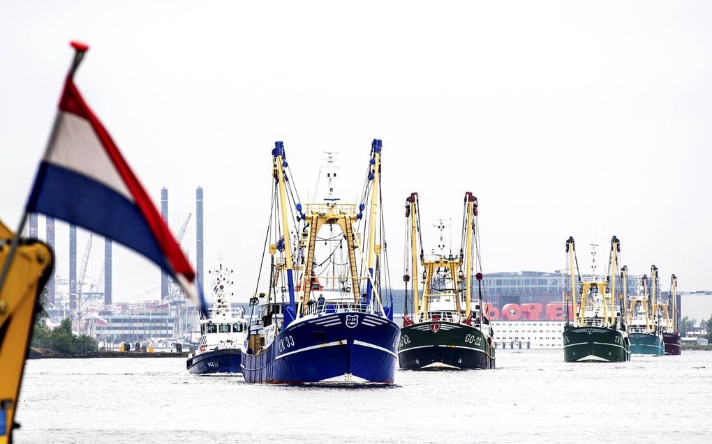 Juni 2018: Noordzeekotters varen over het IJ in Amsterdam om te protesteren tegen het feit dat er voor vissers op zee steeds minder ruimte ​overblijft. Zaterdag is er een nieuw protest bij de Afsluitdijk. beeld ANP, Remko de Waal