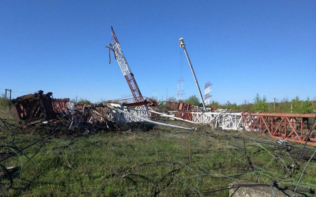 Kapotte zendmasten van een radiocentrum in het dorp Mayak in Transnistrië. beeld AFP