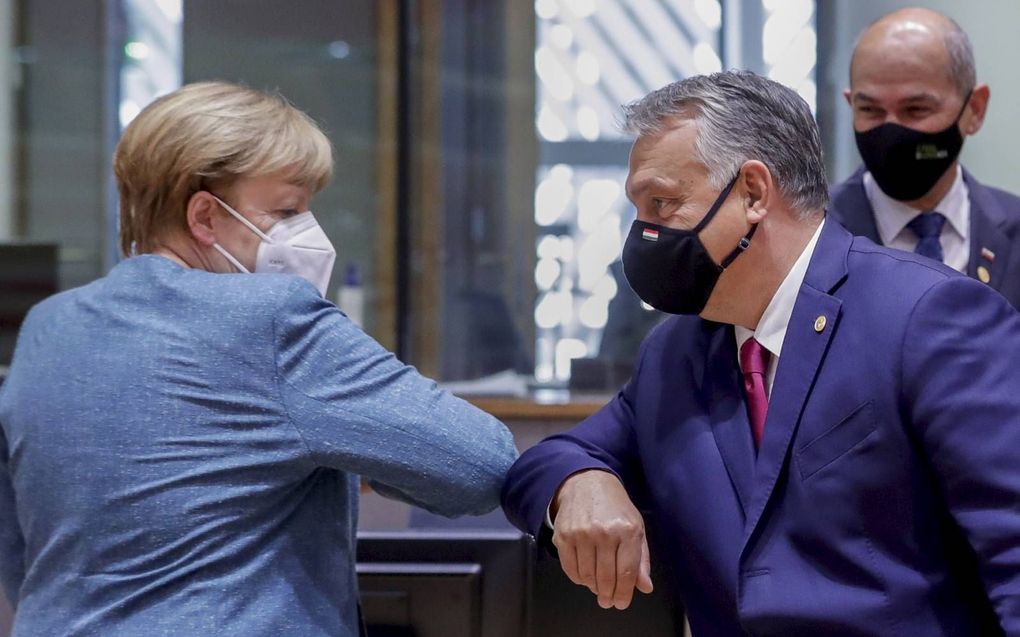 Duitse bondskanselier Angela Merkel (l.) geeft Hongaarse premier Viktor Orban (r.) een ellebooggroet tijdens een EU-top in oktober. beeld EPA, Olivier Hoslet