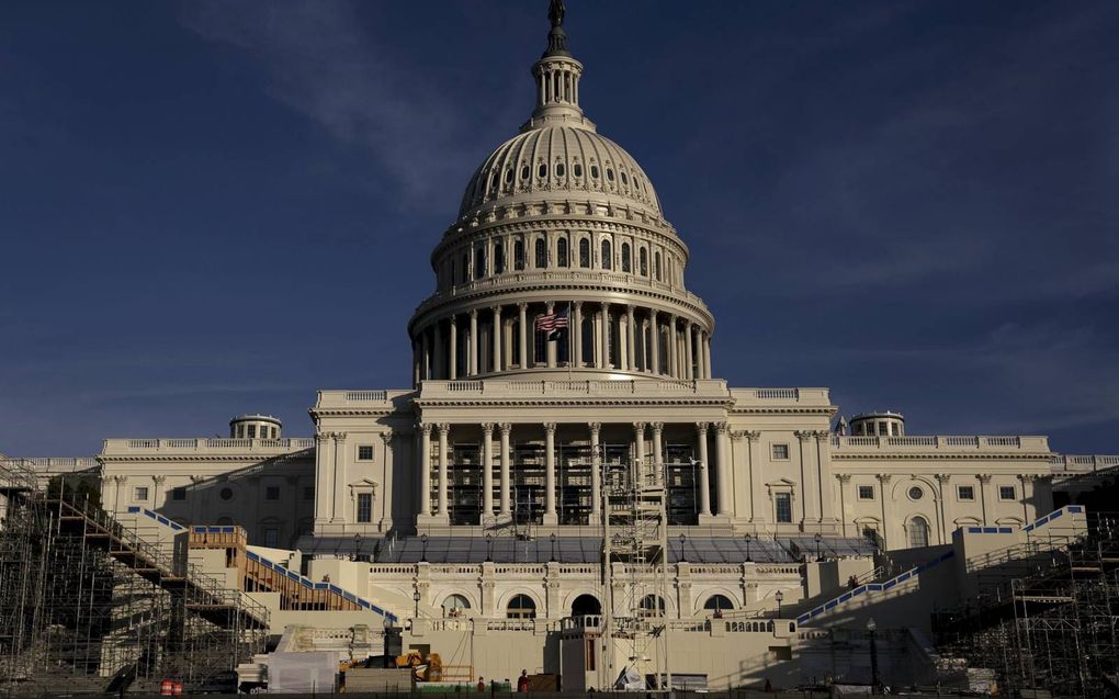 De voorbereidingen voor de inauguratie van Joe Biden tot president in Washington op 20 januari zijn in volle gang. Veel evangelicals in de VS hebben nog moeite met de vraag hoe zij zich tot de nieuwe politieke realiteit moeten verhouden. beeld AFP, Stefani Reynolds