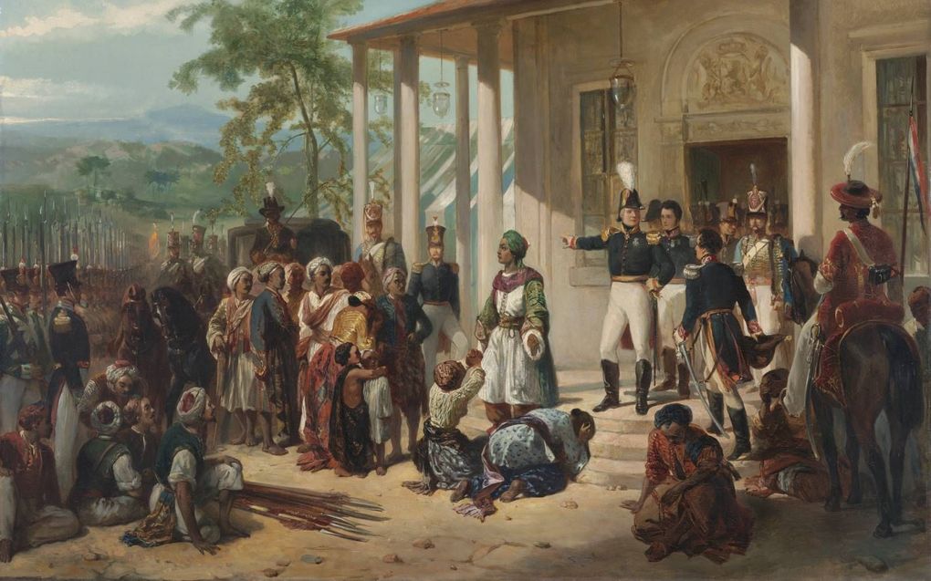 De onderwerping van Diepo Negoro aan luitenant-generaal baron De Kock. Schilderij van Nicoalaas Pieneman (ca. 1830-1835).  beeld Rijksmuseum Amsterdam
