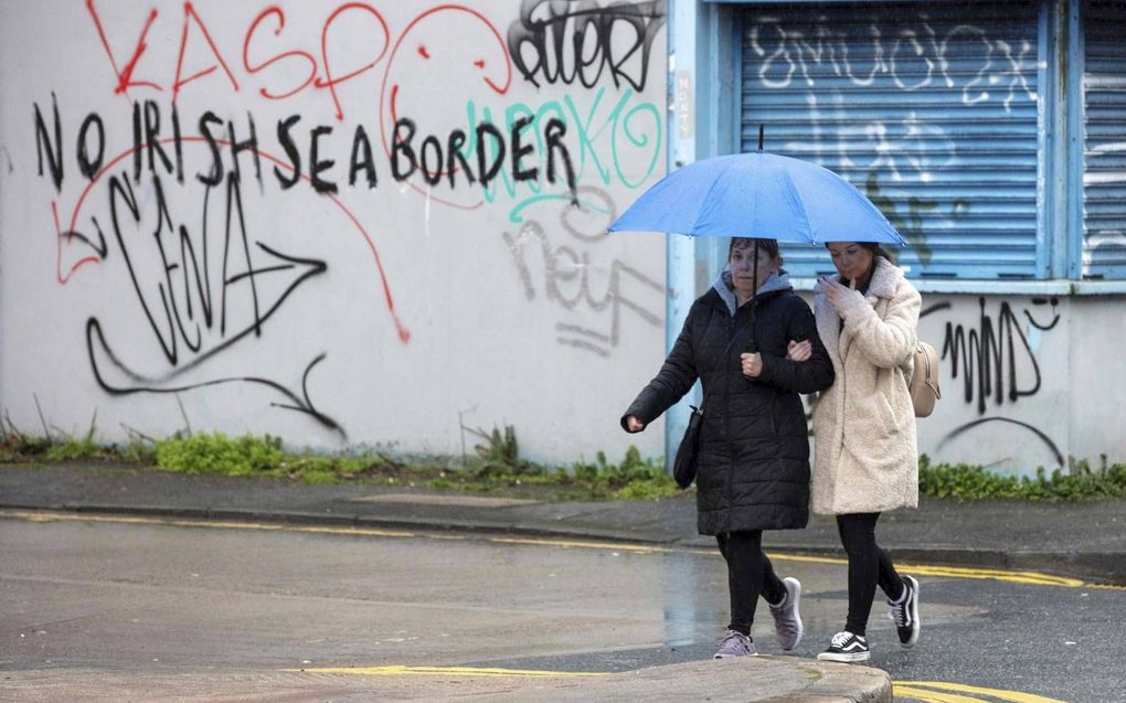 Britse tegenstanders van de douanegrens in de Ierse Zee tonen hun afkeer met graffiti in de Noord-Ierse hoofdstad Belfast. beeld AFP, Paul Faith