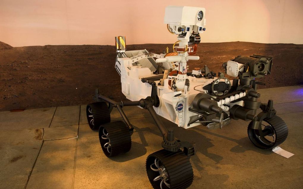 Vandaag, 18 februari 2021, is als alles goed ging de nieuwe Mars-rover Perseverance geland op Mars. Foto: schaalmodel. beeld AFP, Patrick T. Fallon