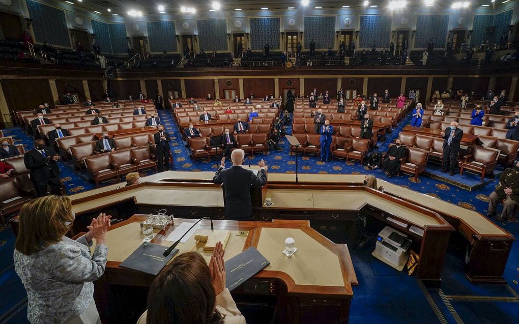 De Amerikaanse president Joe Biden sprak eind april de leden van het Congres toe. beeld AFP, Melina Mara