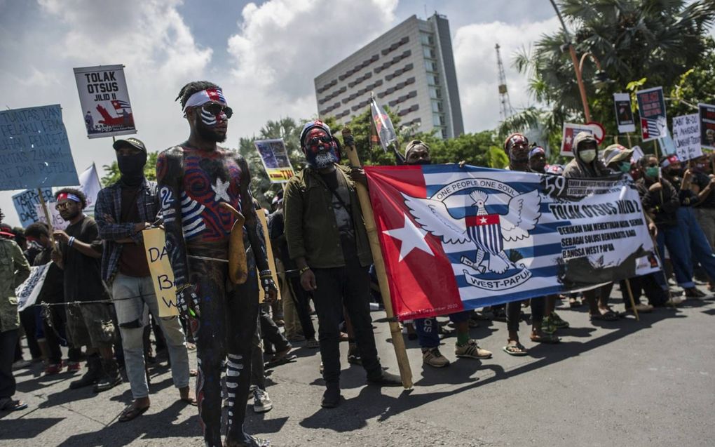 Papua’s protesteren in het Indonesische Surabaya voor onafhankelijkheid. beeld AFP, ​Juni Kriswanto