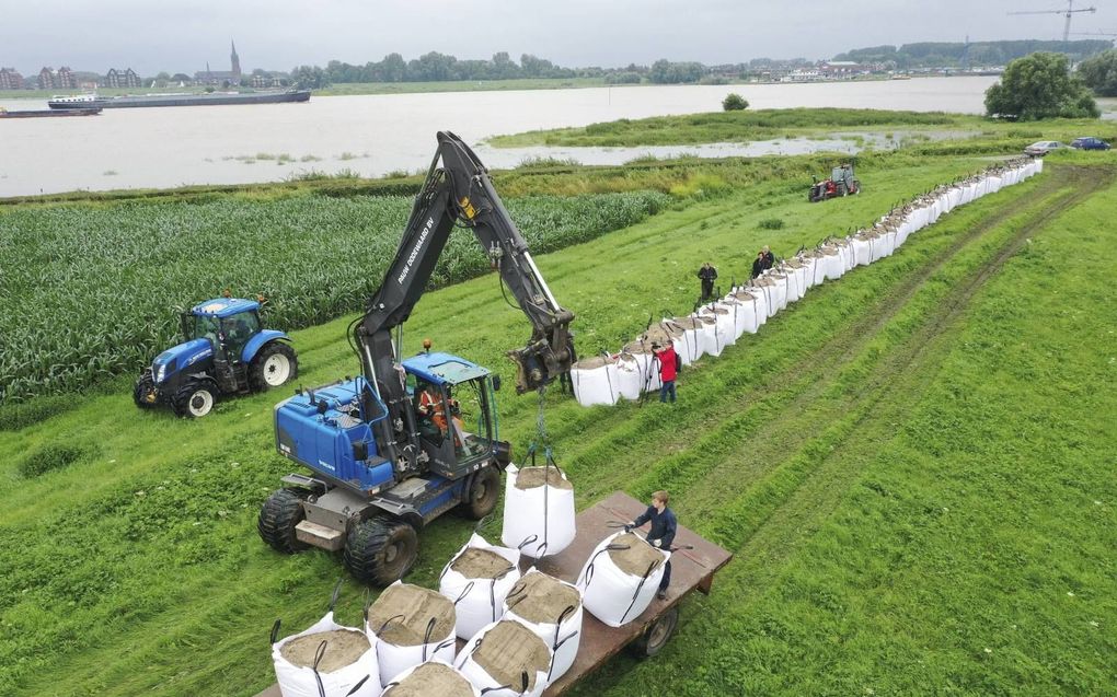 Agrariërs met gewassen in de Gouverneurspolder tussen Dodewaard en Ochten proberen donderdag met man en macht hun oogst te redden van het wassende Waalwater. Ze plaatsen zo’n 1000 zandzakken langs de laagste delen van de rivier. beeld VidiPhoto