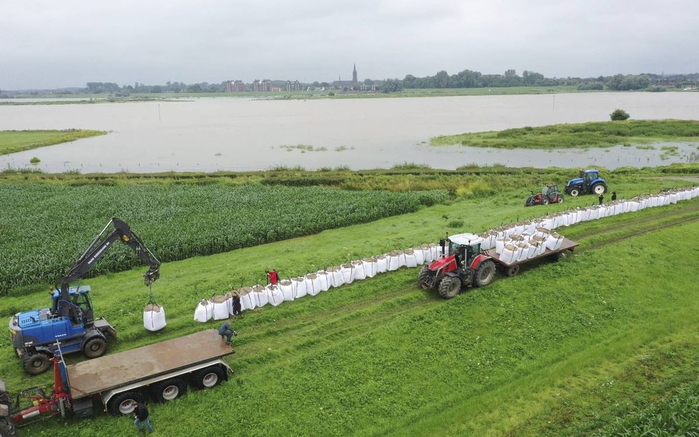 Twee akkerbouwers en drie veehouders in het gebied hebben de handen ineengeslagen en plaatsten donderdag langs de laagste delen zo’n 1000 zandzakken. De komende dagen komen daar vermoedelijk nogeens 2500 bigbags bij. beeld VidiPhoto