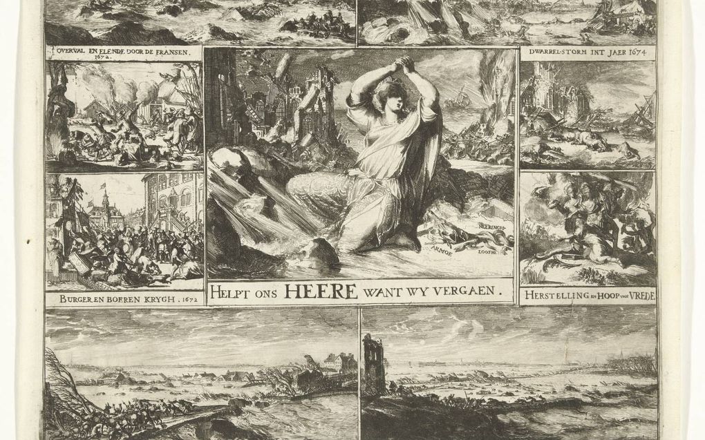 Religieuze beleving in een pamflet over de rampen die de Nederlanden teisterden, zoals de stormvloed in Noord-Holland op 4 en 5 november 1675.  beeld Zuiderzeemuseum