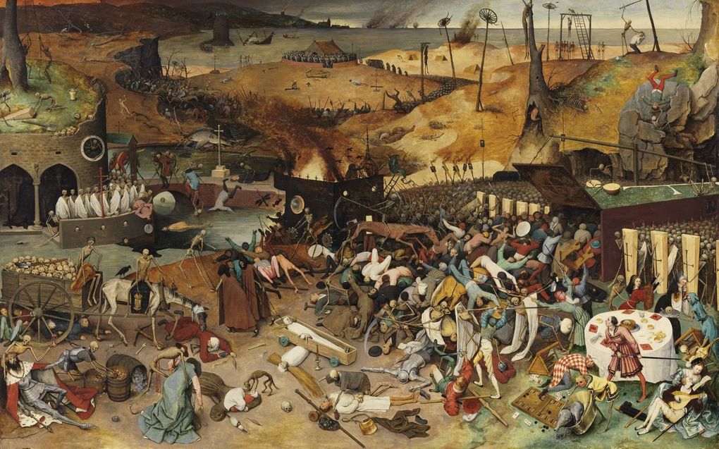 ”De Triomf van de Dood”, rond 1562 geschilderd door Pieter Breugel de Oude. Het schilderij is geïnspireerd op gebeurtenissen tijdens de Zwarte Dood. beeld collectie Prado, Madrid