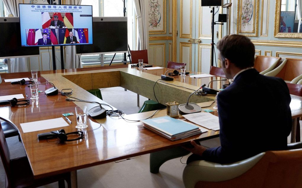 De Chinese president Xi Jinping voert een videogesprek met de Franse president Emmanuel Macron en de Duitse bondskanselier Olaf Scholz over de Oekraïnecrisis. beeld AFP, Benoit Tessier