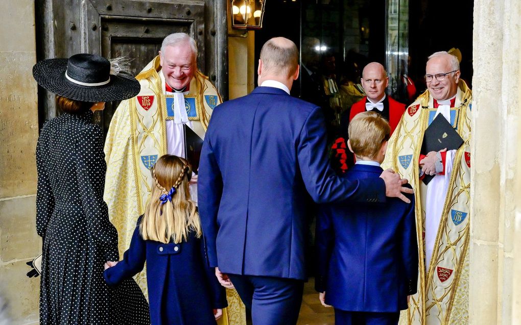 Prins William, Hertog van Cambridge en Catherine Middleton met hun kinderen voorafgaand aan de herdenkingsdienst voor prins Philip in Westminster Abbey. Philip, de man van koningin Elizabeth, overleed op 9 april 2021 op 99-jarige leeftijd in Windsor Castle. beeld ANP, Mischa Schoemaker