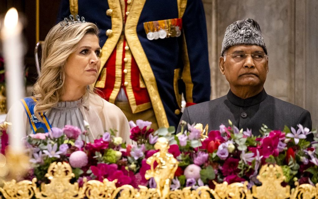 Koningin Máxima en de Indiase president Ram Nath Kovind tijdens het staatsbanket. beeld ANP, Sem van der Wal