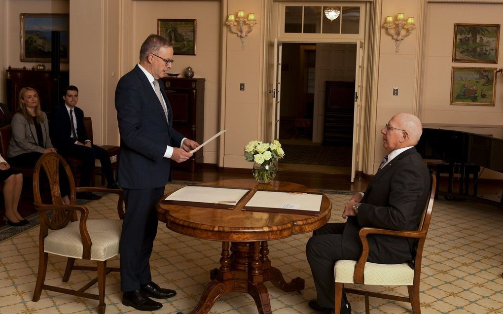 Beëdiging van Anthony Albanese, de nieuwe premier van Australië. Beeld EPA, LUKAS COCH