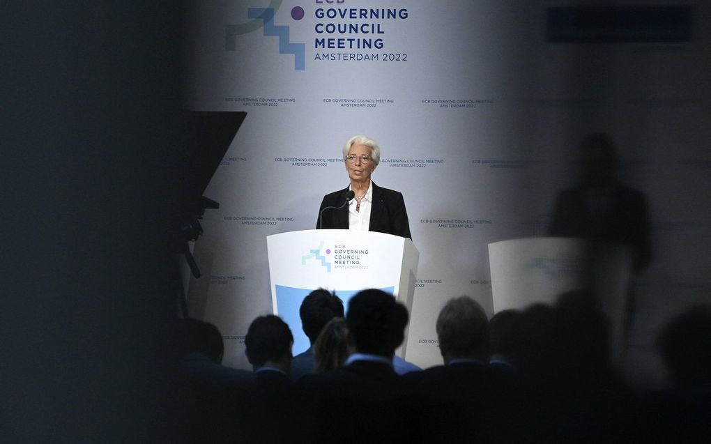 President van de Europese Centrale Bank (ECB) Christine Lagarde spreekt tijdens een persconferentie over het monetaire beleid in de eurozone. beeld AFP, John Thys