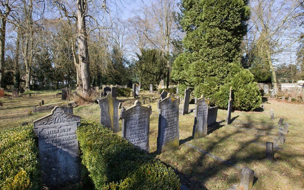 „Ons bezoek van enkele dagen geleden betrof de uitgestrekte en fraaie begraafplaats aan de Traaij te Driebergen. Niet het oude kerkhof, waar het stof van onder meer Wulfert Floor rust.” Foto: Oude begraafplaats te Driebergen. beeld RD, Anton Dommerholt