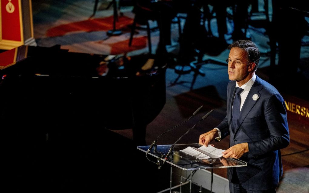 Premier Rutte tijdens zijn toespraak op de Veteranendag. beeld ANP, Robin Utrecht