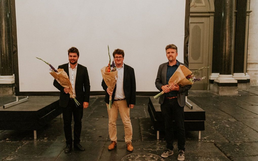 V.l.n.r.: David Kiefer (Duitsland), Harmen Trimp (Nederland) en Wouter van der Wilt (Nederland) waren zaterdagavond de finalisten van het 54e improvisatieconcours in Haarlem. beeld Orgelfestival Haarlem