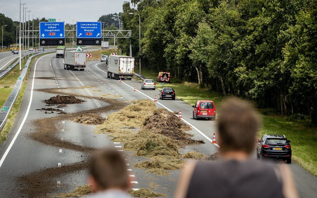 Voertuigen rijden bij Staphorst langs hooi dat door boeren op de A28 gedumpt is. beeld ANP SEM VAN DER WAL