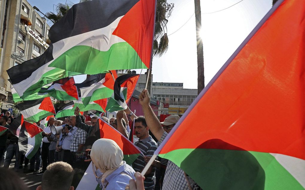 Palestijnen zwaaien met de nationale vlag van hun land terwijl ze marcheren tijdens een rally in Ramallahd op de Westelijke Jordaanoever. beeld AFP, Abbas Momani