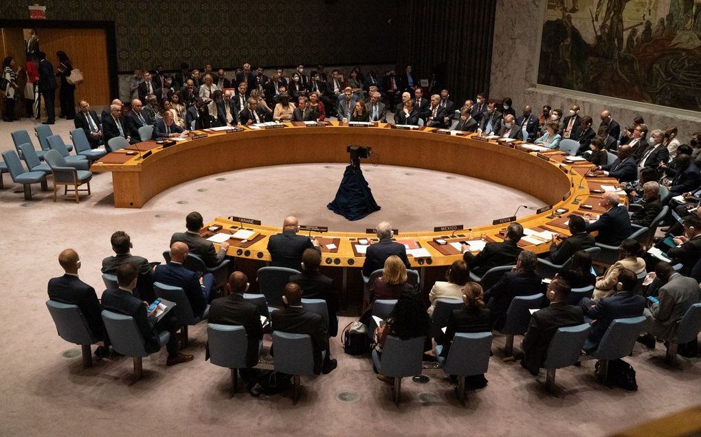 De VN-Veiligheidsraad vergadert over de Russische inval in Oekraïne, op het hoofdkwartier van de VN in New York. beeld AFP, Bryan R. Smith