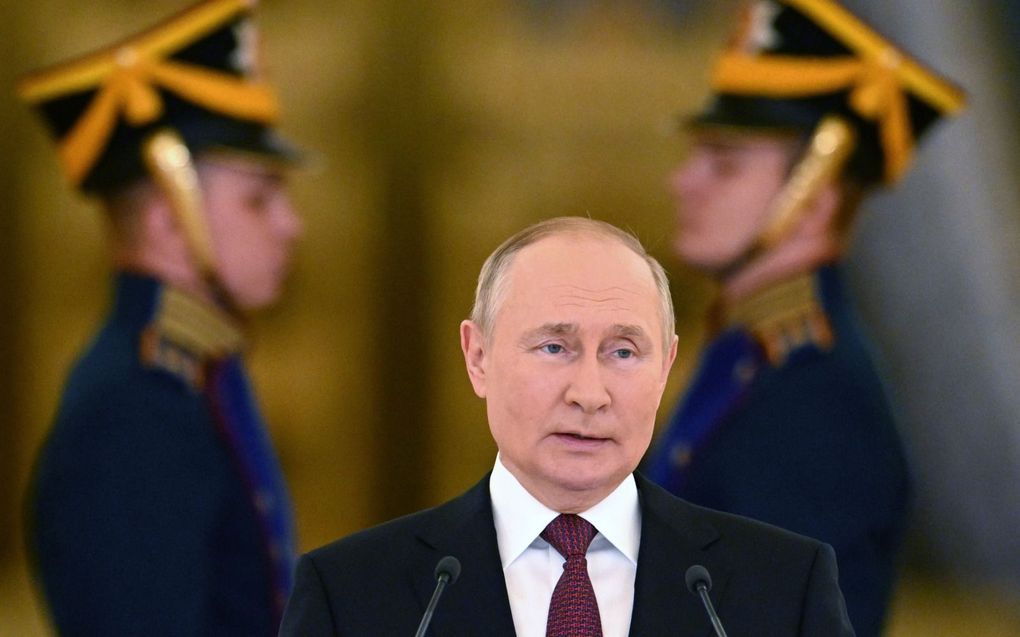 De Russische president Vladimir Poetin houdt een speech in de Alexanderhal van het Grand Kremlin Palace in Moskou.   beeld AFP, Pavel Bednyakov