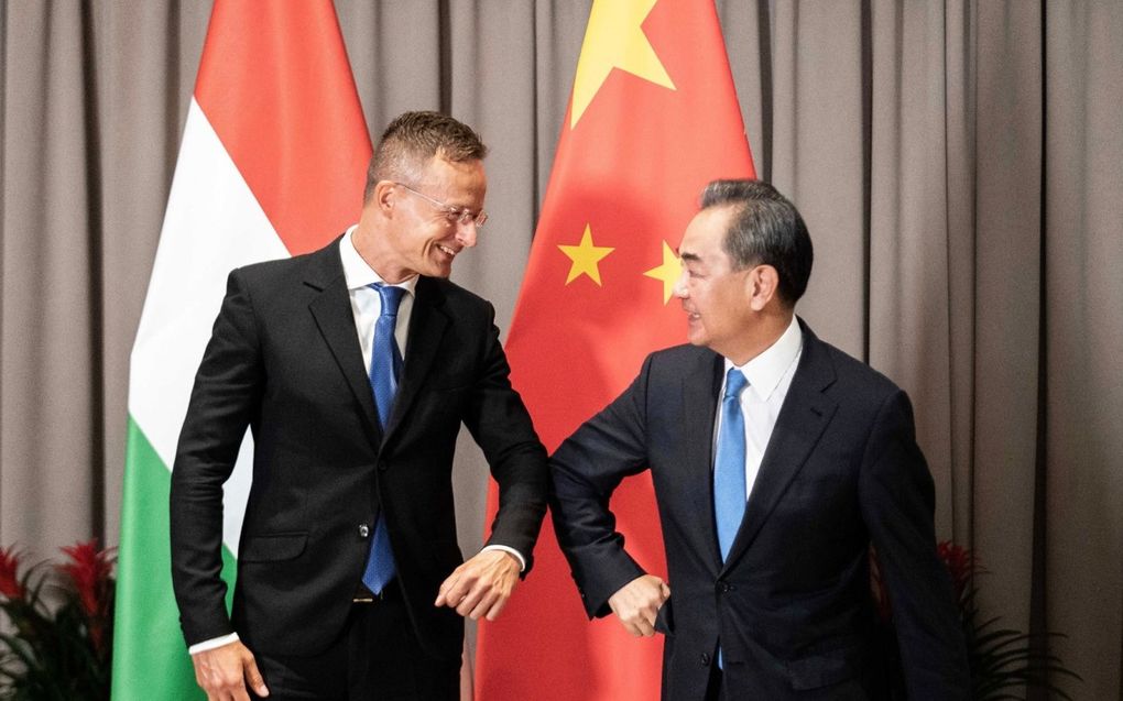 De Hongaarse buitenlandminister Peter Szijjarto begroet zijn Chinese ambtsgenoot Wang Yi. beeld Hungary Today