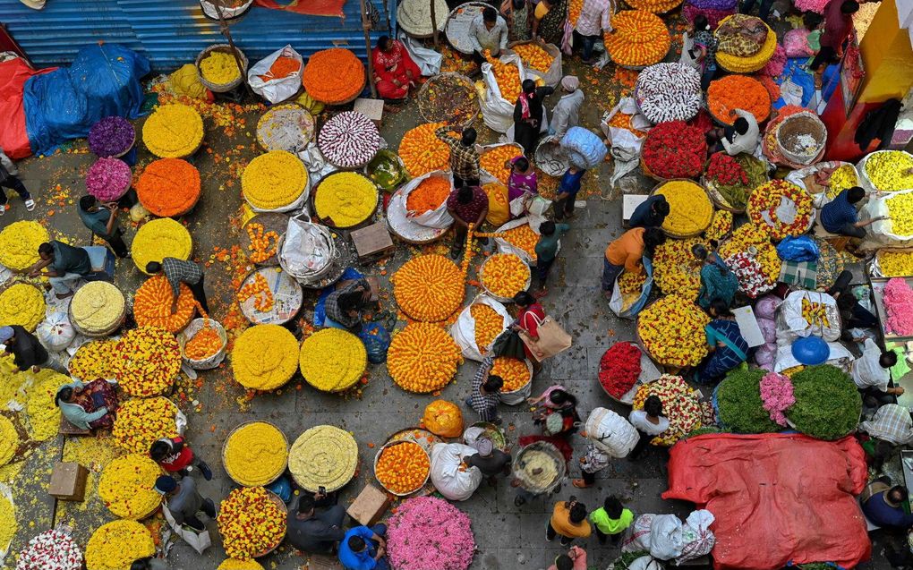 Drukte op een kleurrijke bloemenmarkt in de Indiase miljoenenstad Bangalore. beeld AFP, Manjunath Kiran