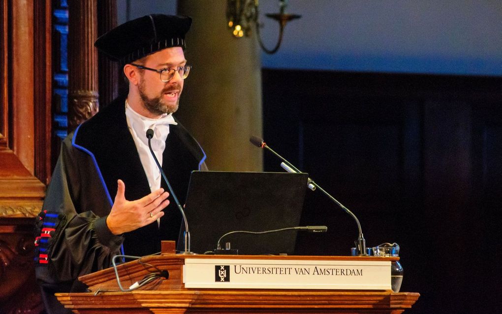 In de Oude Lutherse Kerk te Amsterdam aanvaardde prof. dr. Bart Wallet woensdag officieel het ambt van hoogleraar Joodse studies (vroegmoderne en moderne Joodse geschiedenis). beeld Ronald Bakker