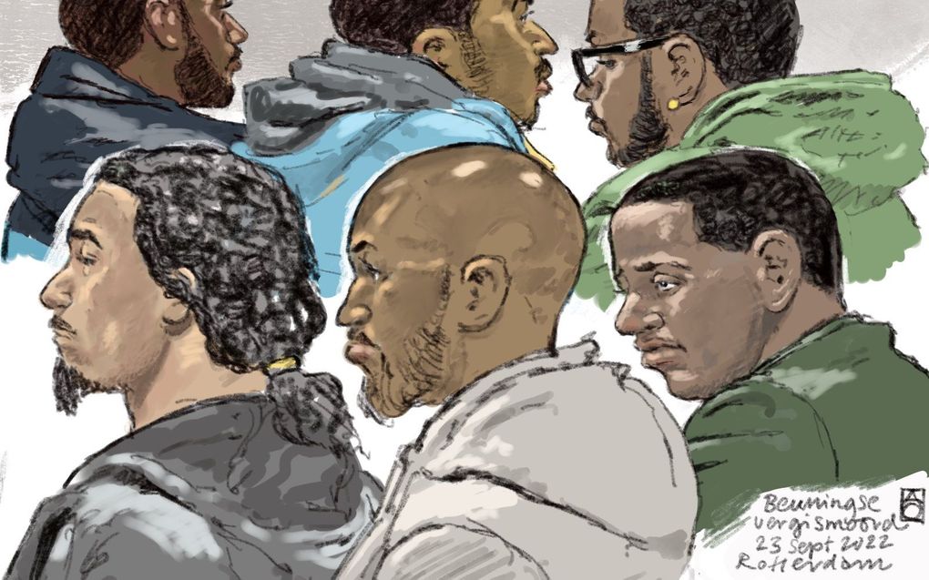 ROTTERDAM - Rechtbanktekening van Jurvien M, D.D.Z. W, August D, Jorvan B, Jermaine M en Jomairo D tijdens het proces van de Beuningse vergismoord. In totaal worden acht personen verdacht op verdenking van liquidaties dan wel liquidatiepogingen in Beuningen, Tienhoven en Amsterdam. beeld ANP, Aloys Oosterwijk