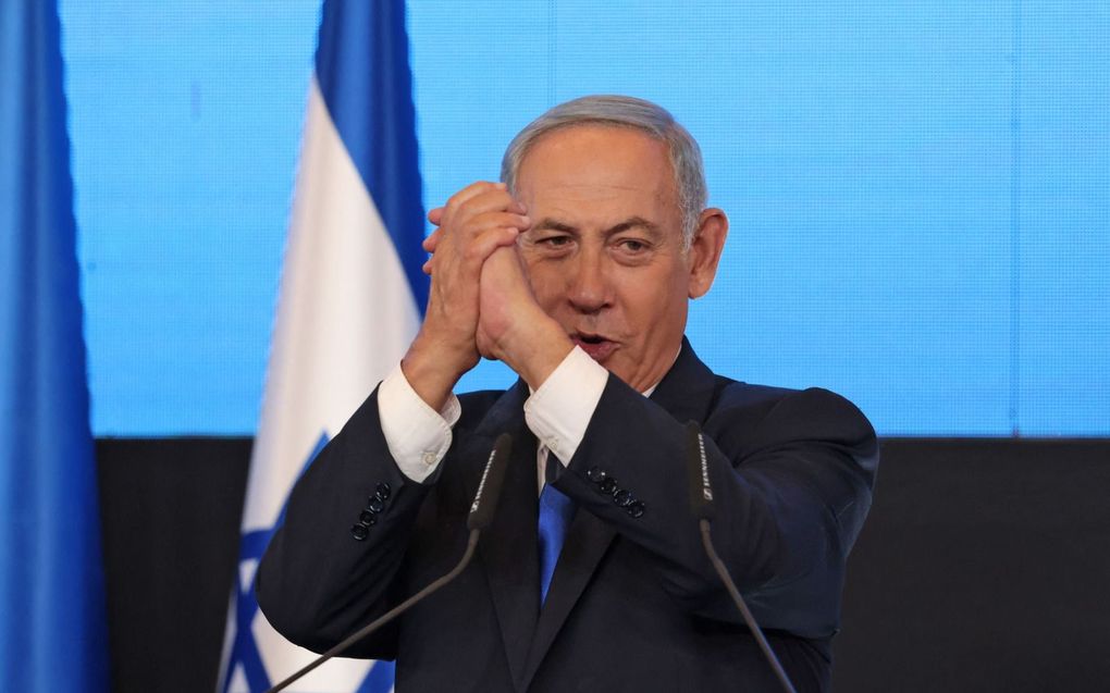 Netanyahu viert zijn overwinning. beeld AFP, Ronaldo Schemidt
