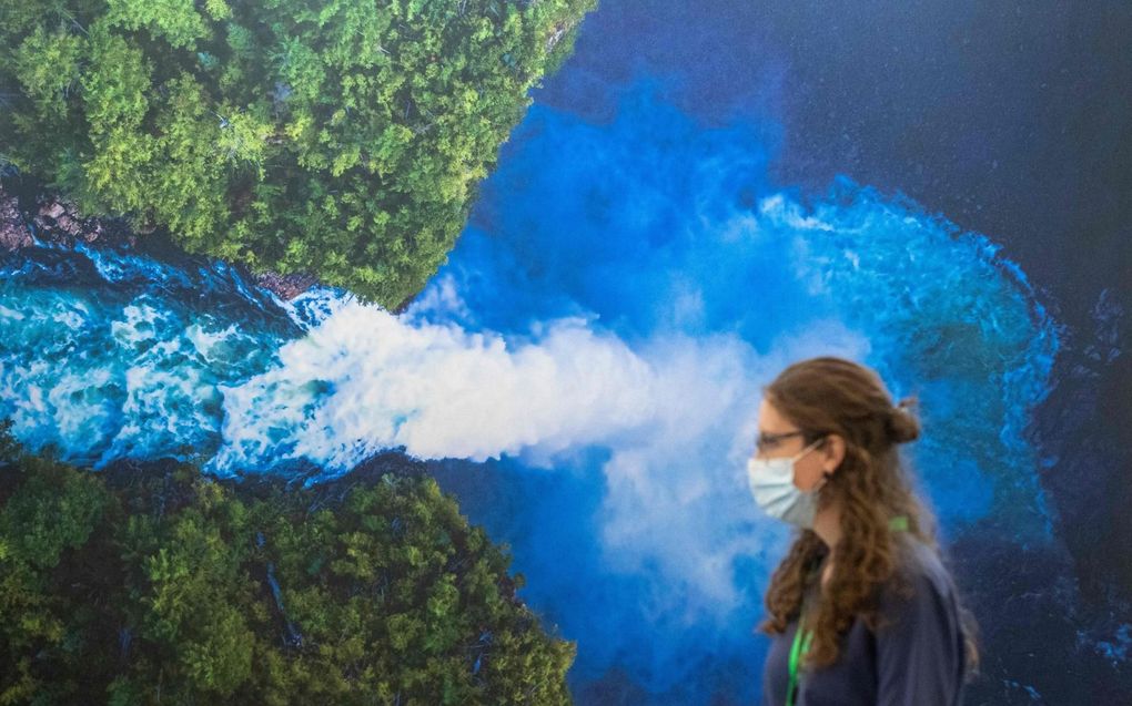 Een deelnemer van de biodiversiteitsconferentie in het Canadese Montreal loopt langs een levensgrote poster. beeld AFP, Lars Hagberg