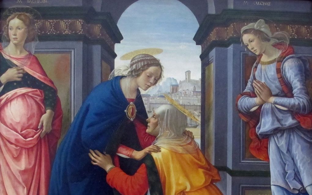 Maria bezoek Elisabeth. Schilderij van Maria-Visitatie door Domenico Ghirlandaio. beeld Wikimedia