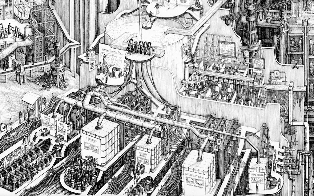 „De Amsterdamse cartograaf en architect Carlijn Kingma doet in de tekening getiteld ”Het waterwerk van ons geld” een poging om het wereldwijde geldstelsel te visualiseren, gebruikmakend van de metafoor van een complex watersysteem.” beeld Carlijn Kingma