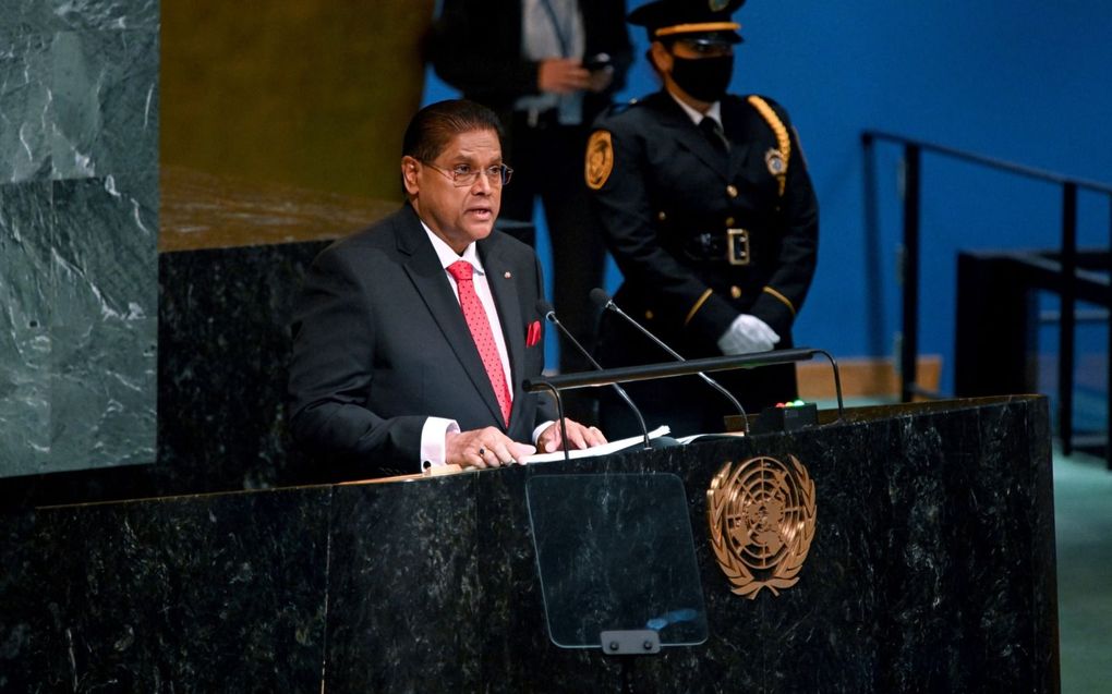 President Chandrikapersad Santokhi tijdens een vergadering van de Algemene Vergadering van de VN, september 2022. beeld AFP, Ed Jones