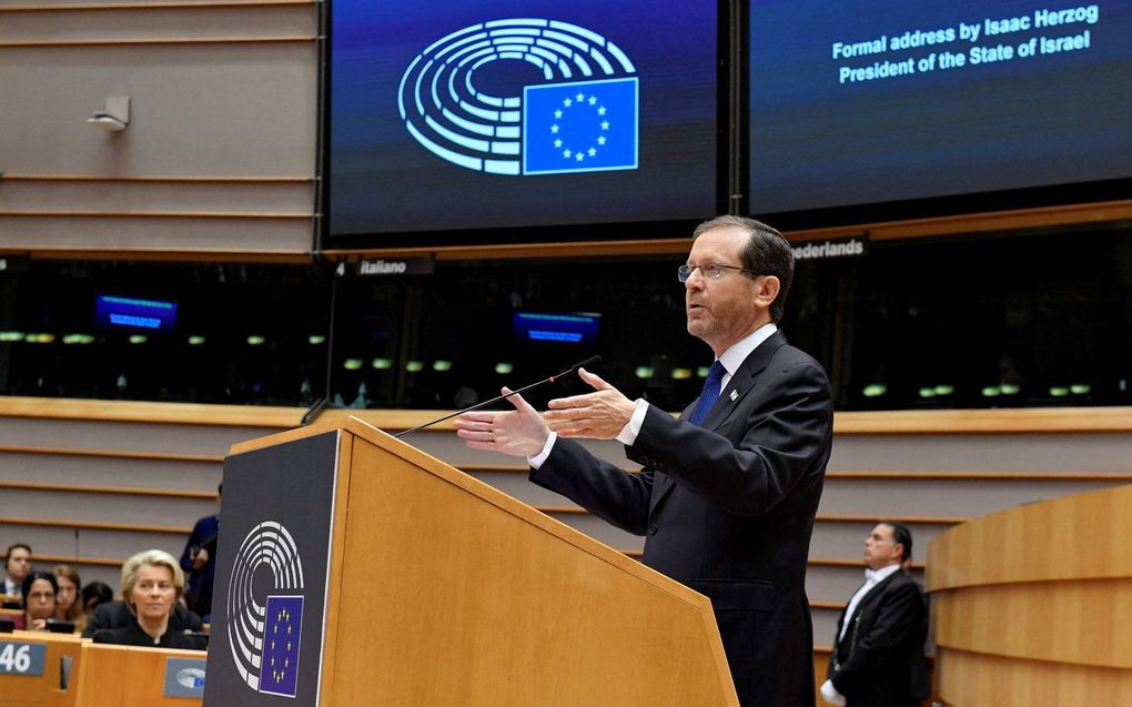 De Israëlische president Yitzhak Herzog, donderdag in het Europees Parlement. beeld AFP, John Thys