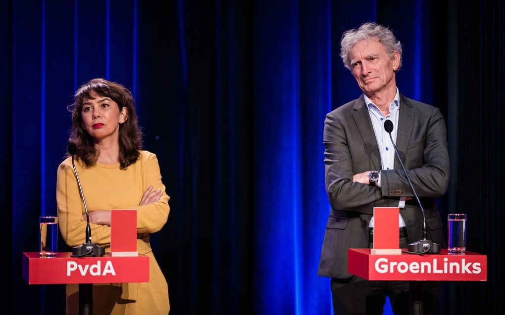 Mei Li Vos (Pvda) en Paul Rosenmöller (Groenlinks) tijdens het verkiezingsdebat met lijsttrekkers voor de Eerste Kamer, in aanloop naar de Provinciale Statenverkiezingen. beeld ANP BART MAAT