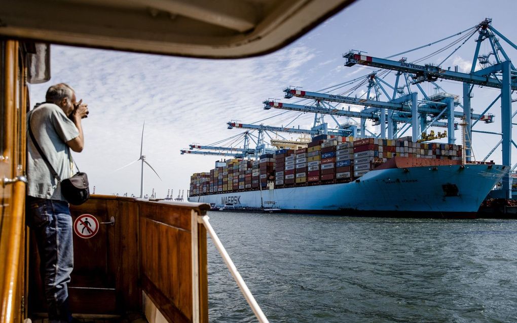 Een containerschip bij een containerterminal op de Tweede Maasvlakte. beeld ANP, Sem van der Wal