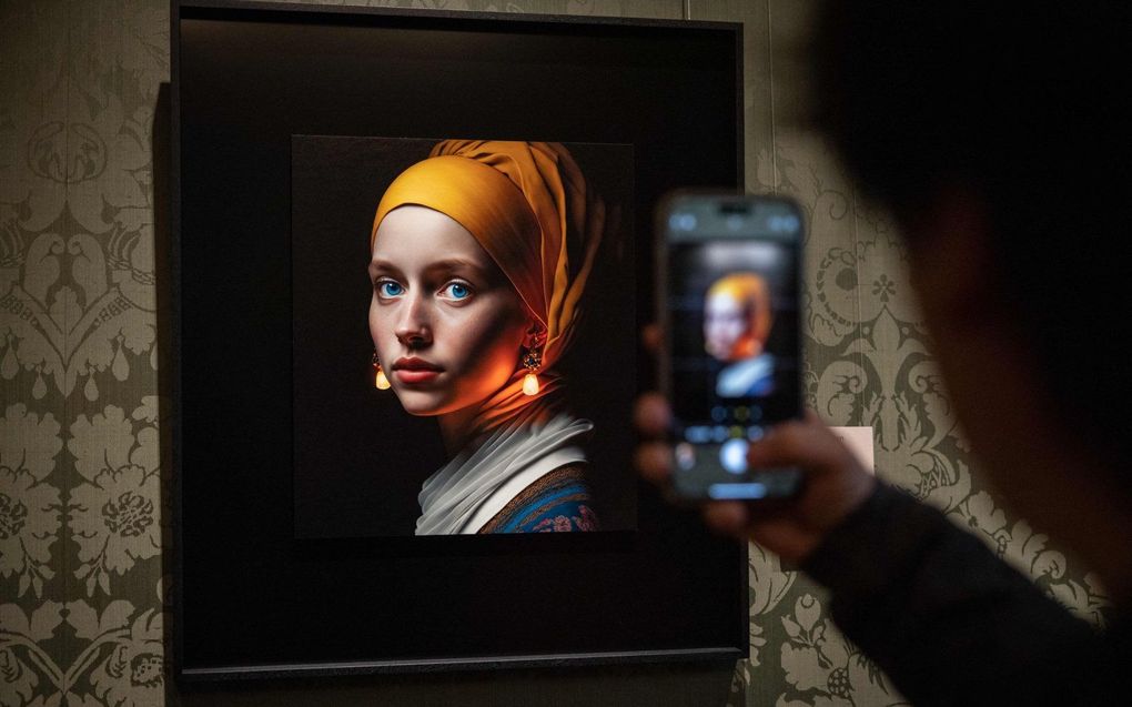 Een door Artificial Intelligence gecreëerd kunstwerk van digitaal kunstenaar Julian van Dieken, geïnspireerd door Het Meisje met de Parel van Johannes Vermeer. beeld AFP, Simon Wohlfahrt