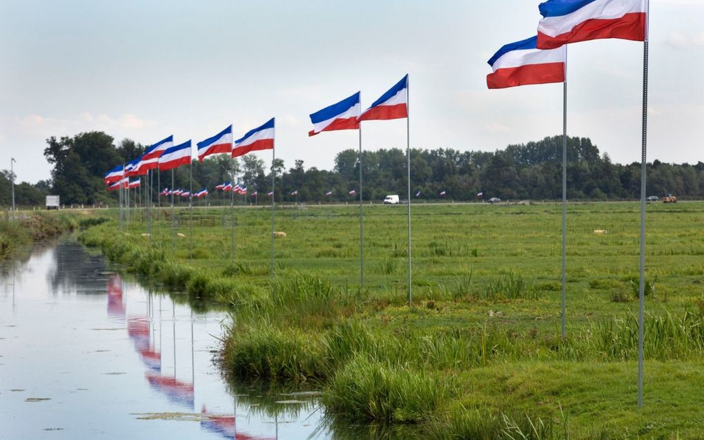 Soms hangen de vlaggen heel zichtbaar langs een doorgaande weg, zoals hier in de Krimpenerwaard. beeld RD, Anton Dommerholt