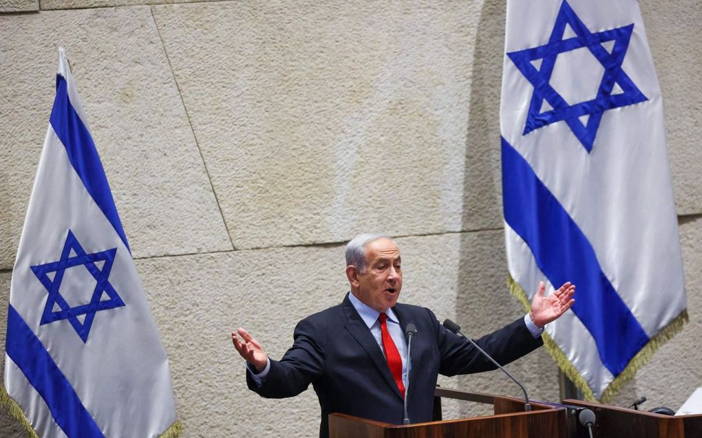 Netanyahu bij het begrotingsdebat. beeld AFP, Gil Cohen-Magen