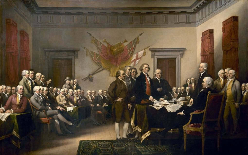 Presententatie van de Amerikaanse Onafhankelijkheidsverklaring op het Tweede Continentale Congres in Philadelphia op 28 juni 1776. Schilderij van John Trumbull (1756-1843). beeld Wikipedia