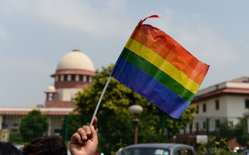 Een homoactivist zwaait met een regenboogvlag buiten het gebouw van het Indiase hooggerechtshof. beeld AFP, Sajjad Hussain